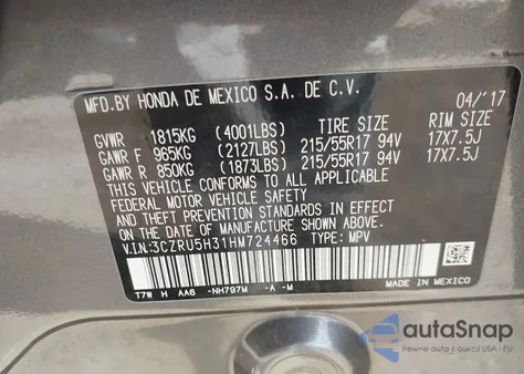 2017 Honda Hr-V Lx from USA, damaged, VIN 3CZRU5H31HM724466